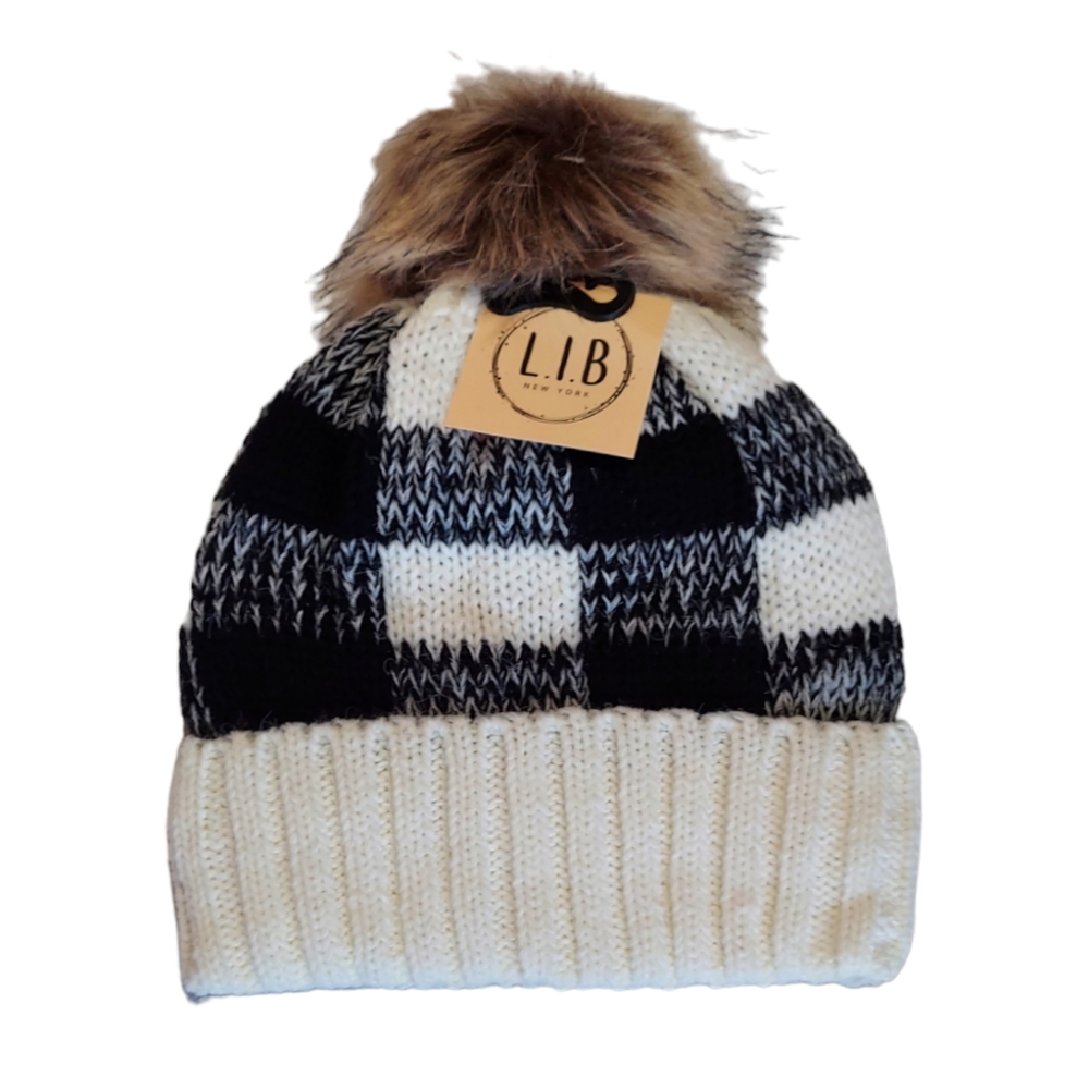 New Beanie Ivory Womens Plaid Cable Knit Hat Warm Lined Pom Pom Hat Warm Winter